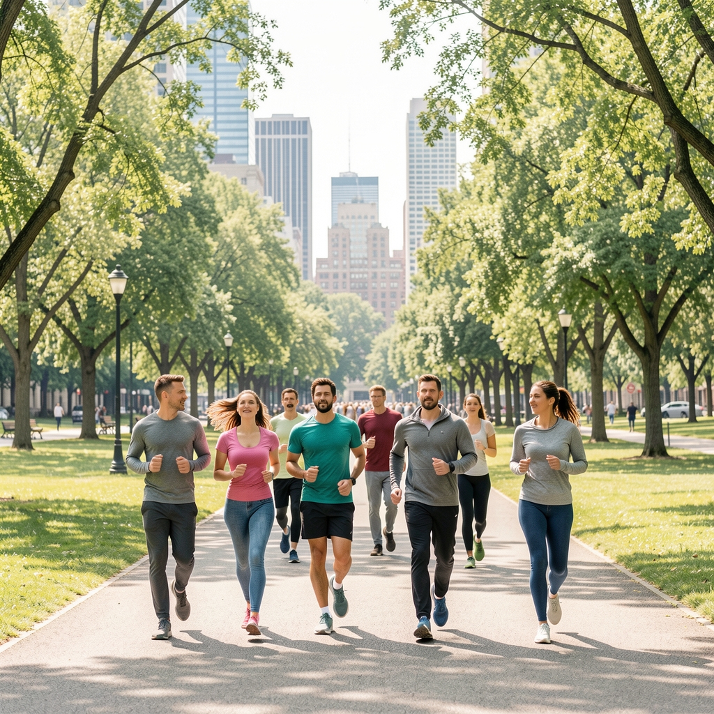 Gruppe von Menschen beim ruhigen Laufen in einem hellen Stadtpark, weite Aufnahme, keine Gesichter in Nahaufnahme, natürliches Tageslicht, dokumentarischer Stil