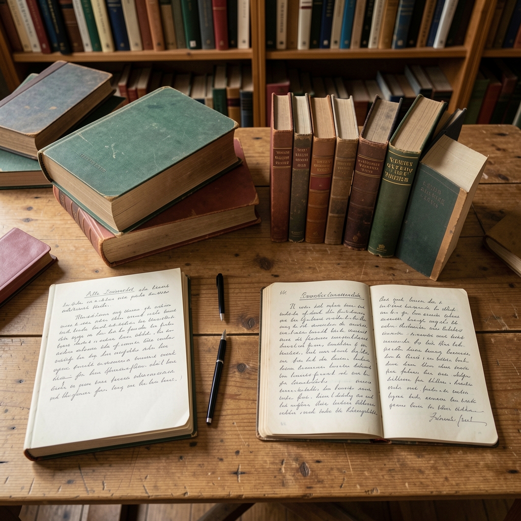 Antike botanische Buchillustrationen und historische Forschungsunterlagen auf einem Holztisch, Sepia-Töne, Studiofotografie