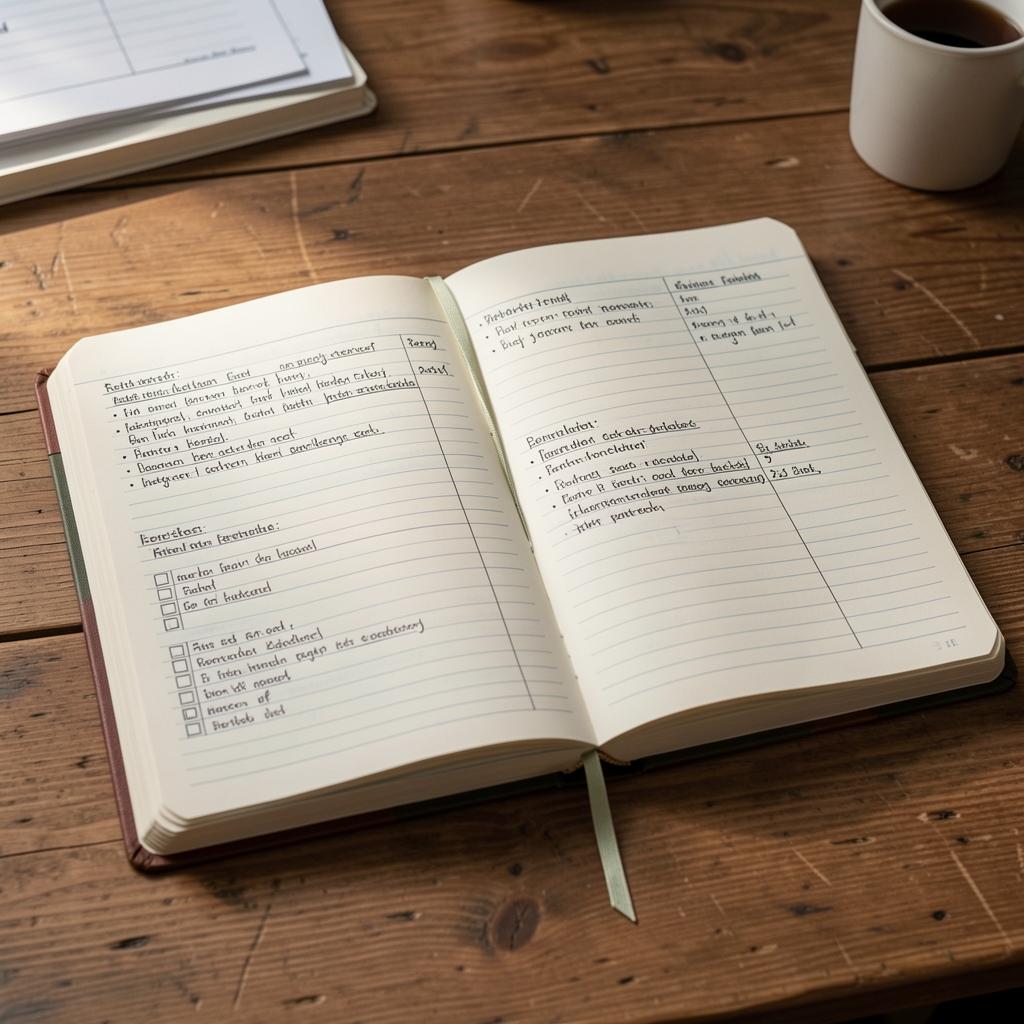 Aufgeklapptes wissenschaftliches Notizbuch mit handgeschriebenen Tabellen und strukturierten Notizen auf einem Holzschreibtisch, sachliches Tageslicht