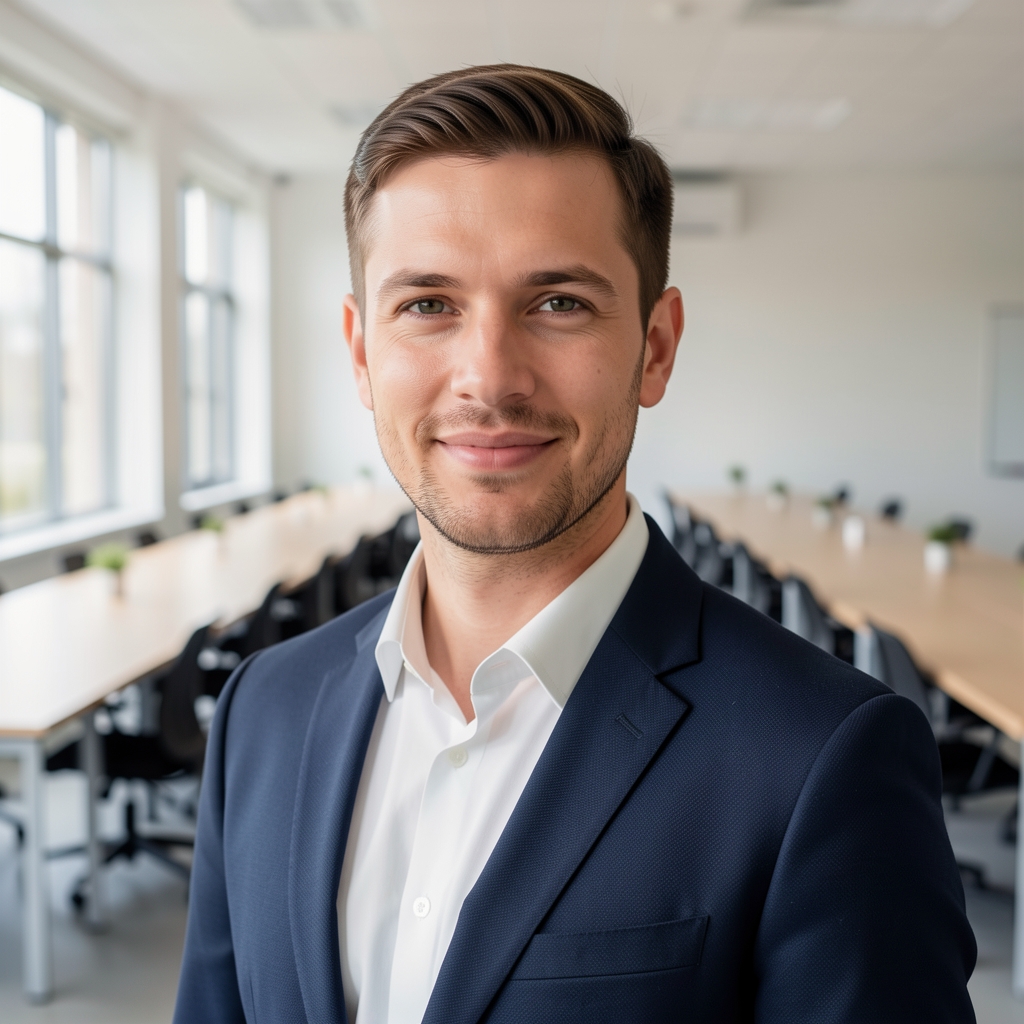 Sachlich eingerichteter heller Arbeitsraum mit langen Tischen, klarem Tageslicht durch Fenster, keine Personen, modernes institutionelles Ambiente